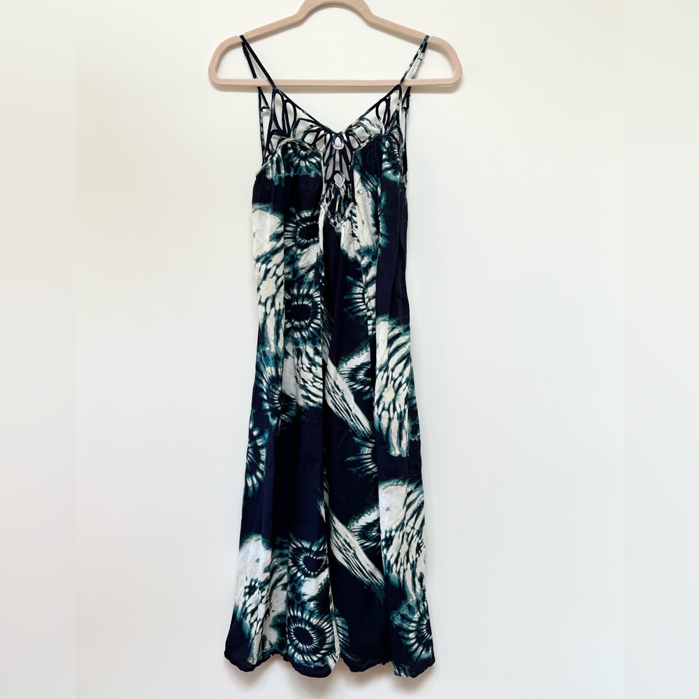 ANTHROPOLOGIE Drama Beach Midi Dress Flowy Boho Blue/White Strappy Cutout XXS